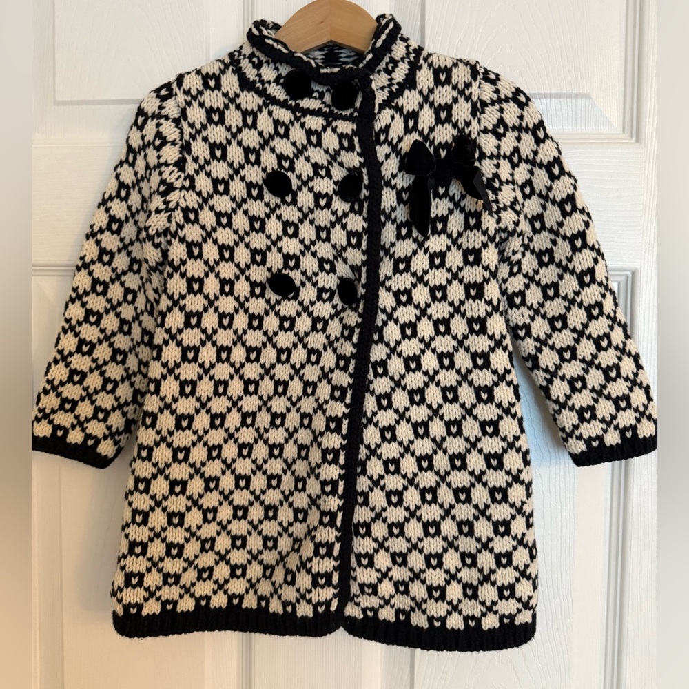 2T Cream & Black Knit Jacket/Coat Sweater.Mock neckline with bow & snap buttons
